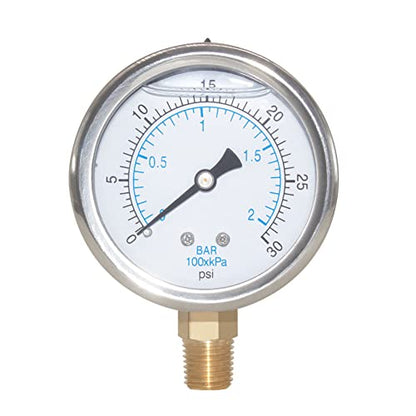 2-1/2" Dial 1/4" NPT 0~30Psi 304 Stainless Steel Glycerin Filled Pressure Gauge Bottom Mount - size: 0-30Psi (liquid filled), style: Lower Mount-1/4"NPT