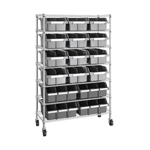 7-Tier NSF 16-Bin Steel Wire Shelving Rack, 36"W x 14"D x 56"H, Gray - color: Gray, size: Includes 16 Bins