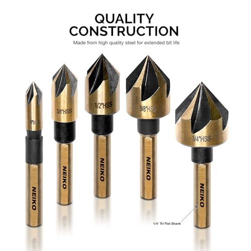 NEIKO 10218A Countersink Drill Bit Set for Wood and Metal, 1/4” Tri-Flat Shank, 5 Piece Countersink Bits, M2 High Speed Steel - size: 5 Piece, style: Countersink