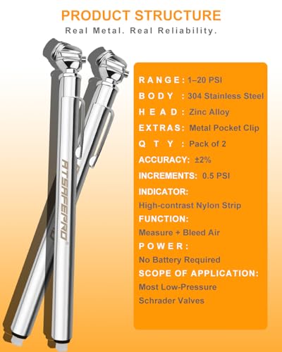 Low Pressure Tire Gauge - 1-20 PSI, 2-Pack Pencil Tire Pressure Gauge with Stainless Steel Body and Metal Made Nozzle, for RO tank, Golf Carts, ATV, UTV & Lawn Mower, Battery-Free, Deflator Function