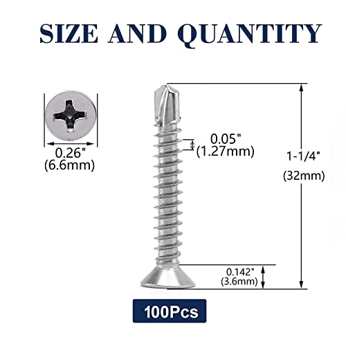 #6 x 1-1/4" Sheet Metal Screws 100Pcs 410 Stainless Steel Flat Head Fast Self Tapping Screws by SG TZH - size: #6 x 1-1/4"