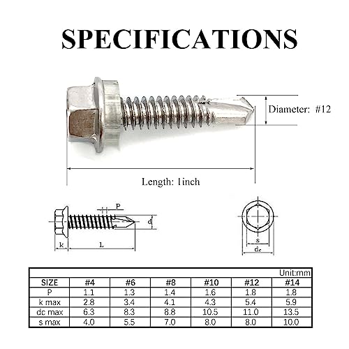 #12x1 Hex Washer Head Self Drilling Screws, 410 Stainless Steel, Self Tapping Sheet Metal Tek Screws, 50 PCS - size: 50 Pcs #12x1