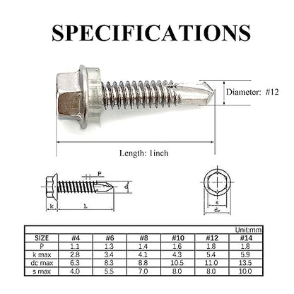 #12x1 Hex Washer Head Self Drilling Screws, 410 Stainless Steel, Self Tapping Sheet Metal Tek Screws, 50 PCS - size: 50 Pcs #12x1