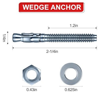 1/4 x 2-1/4 in Wedge Anchors 12 pcs Galvanized Concrete Anchors - size: 1/4 x 2-1/4In