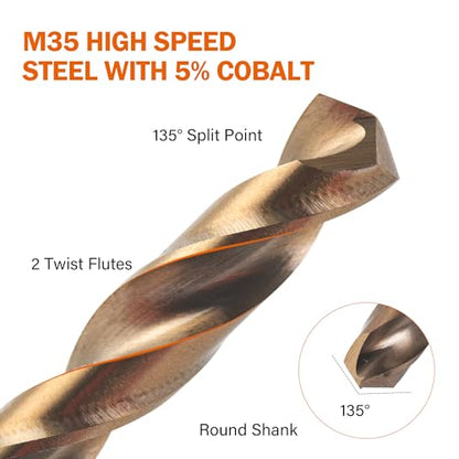 KENDO 5/16 Inch Cobalt Drill Bits (13pcs), M35 High Speed Steel, 135 Degree Tip, Jobber Length Twist Drill Bit Set for Hard Metal, Stainless Steel, Cast Iron, Wood and Plastic, with Storage Case - style: 5/16" (13Pcs)