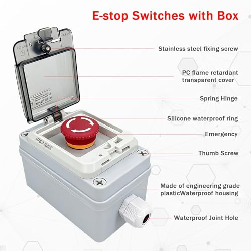 Waterproof Emergency Stop Switch with Box, 500V 10A Red Mushroom E-Stop Push Button, Outdoor Weatherproof Stop Box with Transparent Cover, 22mm 1NO 1NC Anti-Misoperation Quick Stop Switch - color: Red emergency stop button switch box