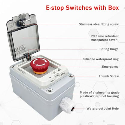 Waterproof Emergency Stop Switch with Box, 500V 10A Red Mushroom E-Stop Push Button, Outdoor Weatherproof Stop Box with Transparent Cover, 22mm 1NO 1NC Anti-Misoperation Quick Stop Switch - color: Red emergency stop button switch box