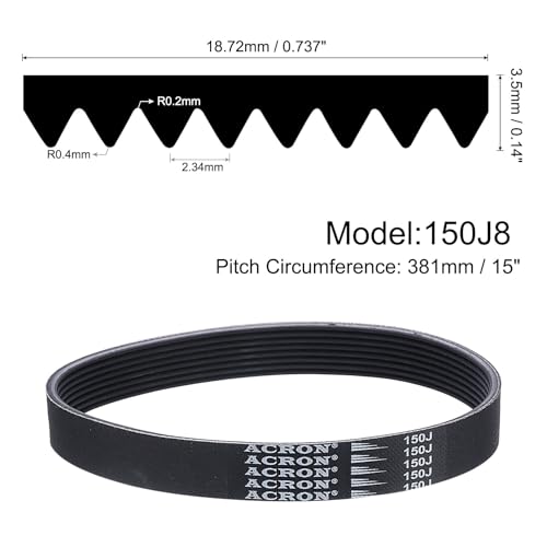 uxcell 150J8 PJ V-Ribbed Belt 8 Ribs 15" L x 0.74" W x 0.14" H, (EPDM) - size: 150J8