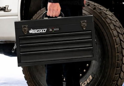 Boxo USA 3-Drawer Hand Carry Toolbox – Heavy Duty 20-Gauge Steel Portable Tool Box with Ball Bearing Drawers, Dual Key & Combination Lock, Powder-Coated Finish (Black) - color: Black