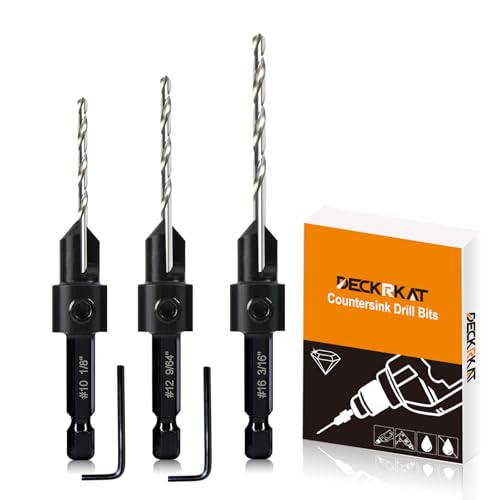 3 Pack Countersink Drill Bit Set #10#12#16, 3in1 Woodworking Counterbore Hole Saw Drill Bits, Depth Adjustable M2 Pilot Drill Bits, 82-Degree Chamfer, 1/4" Hex Shank, with 1 Allen Wrench - size: 3 Pack Countersink Drill Bits