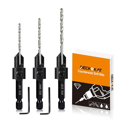 3 Pack Countersink Drill Bit Set #10#12#16, 3in1 Woodworking Counterbore Hole Saw Drill Bits, Depth Adjustable M2 Pilot Drill Bits, 82-Degree Chamfer, 1/4" Hex Shank, with 1 Allen Wrench - size: 3 Pack Countersink Drill Bits