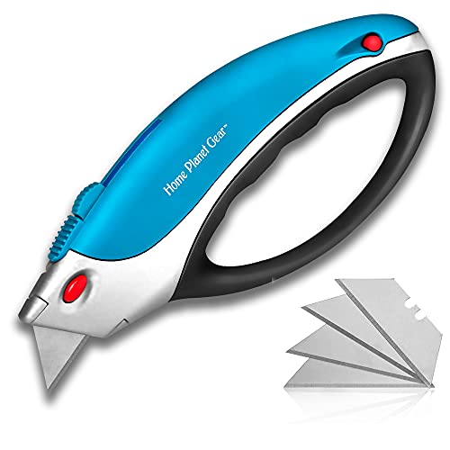 Box Cutter Retractable Utility Knife - Heavy Duty Box Cutter Knife Cardboard Cutter - Box Opener Razor Blades Utility Knife - Box Knife Carpet Cutter with 5 Sharp Blades - color: Blue
