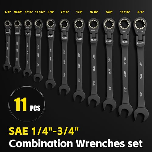 KJE 90-Teeth SAE 180° Flex-Head Ratcheting Wrench Set, Cr-V Steel, 11-Piece SAE 1/4"-3/4" Combination Wrenches set, Nickel Plating, with Organizer Bag, for Auto, Machine Repair, Gift - size: 11PCS SAE 6.35 - 19.05 mm