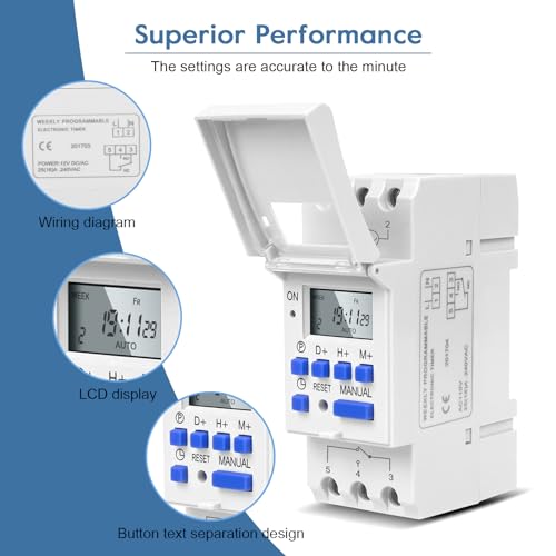 Yosoo Health Gear DIN Rail Digital Programmable Timer Relay Switch, 110V, 16A, 8 Settings, LCD Display
