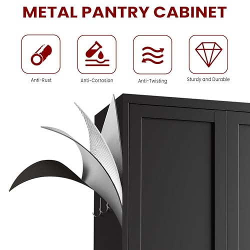 AQY Metal Pantry Cabinet, 72" Black Kitchen Storage Cabinet with Doors - color: Black, style: H72" - 2 Doors Hooks & Vents