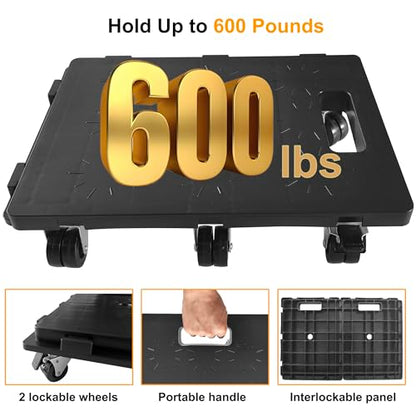 Furniture Movers with Wheels, Heavy Duty Moving Dolly 6 Wheels for 600lbs Capacity, 16.6 x 12.6 Inch Flat Furniture Dolly, 2 Pack Dolly Cart Interlock Into Large Furniture Movers