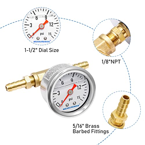 MEASUREMAN Fuel Pressure Gauge Kit 0-15Psi Stainless Steel Glycerin Filled, 1-1/2" Dial Size, with 5/16" Fuel Line Fuel Pressure Brass T-Fitting Adapter, Center Back Mount - size: 0-15 psi, style: Back Mount T-Fitting Adapter