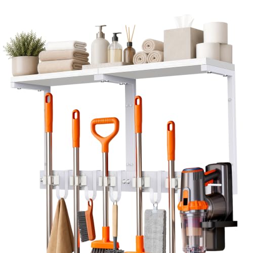 Large Broom Holder Wall Mount with Shelf, Vacuum Organizer, 5 Slots 5 Hooks - color: White, size: Large