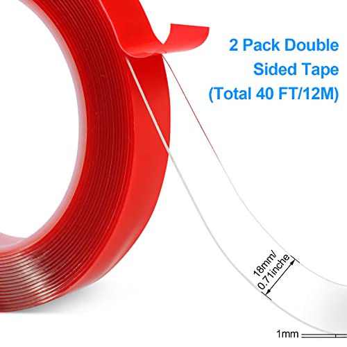 Phinus Double Sided Tape 2 Pack Heavy Duty, (3/4" Width, Total 20 FT) Clear Adhesive Waterproof Removable Double Sided Mounting Tape for Carpet Fix, Home Office Wall, DIY Crafts, Car Glass Decor