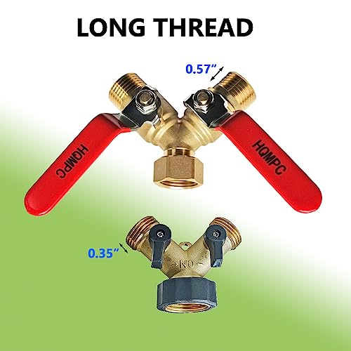 HQMPC Garden Hose Y Valve Splitter With Stainless Steel Long Handle - Brass 2 Way Water Adapter, 3/4" GHT Thread - size: 0.75 Inch