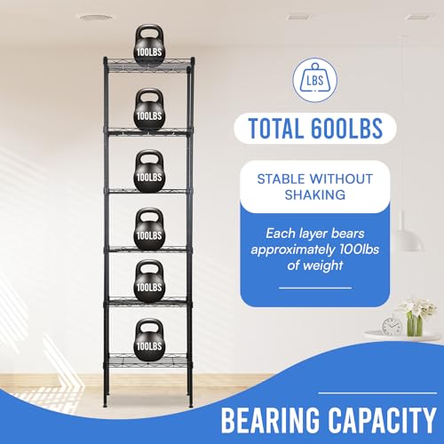 PayLessHere | 6-Tier Wire Shelf | 17"x12"x64" | Black - color: Black, size: 17"D x 12"W x 64"H
