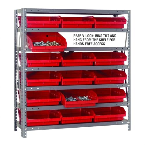 Quantum Storage Systems 1239-109RD Steel Shelving Unit with 4" Shelf Bins, 12" D x 36" W x 39" H, Red - size: 39" H x 36" W x 12" D, style: 12" L x 12" W x 4" H 18 Economy Red Bins