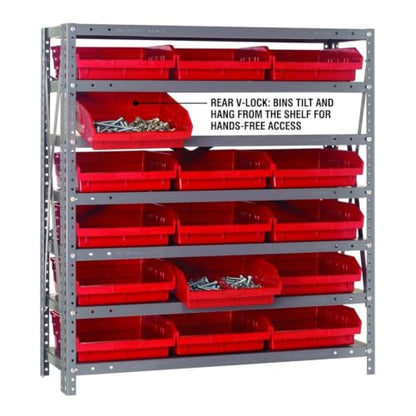 Quantum Storage Systems 1239-109RD Steel Shelving Unit with 4" Shelf Bins, 12" D x 36" W x 39" H, Red - size: 39" H x 36" W x 12" D, style: 12" L x 12" W x 4" H 18 Economy Red Bins