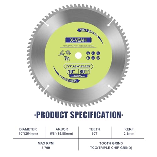 10 Inch 80T Aluminum Non-Ferrous Metal Cutting Circular Saw Blade with 5/8 Inch Arbor, TCG, Miter/Table Saw Blade - style: for Aluminum 10" 80T