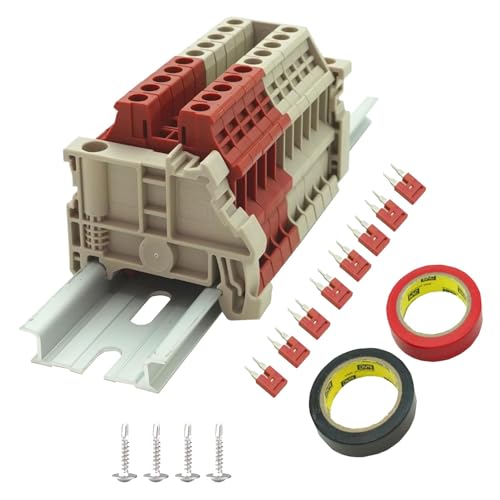 UL Red/Grey 10 Gang DIN Rail Terminal Blocks, with (8) 2P Jumpers,Dinkle DK4N 10-22 AWG, 30 Amp, 600 Volt - style: 10-22 AWG, 30 Amp, 600 Volt