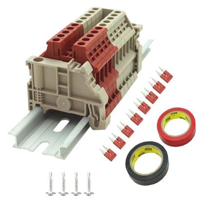 UL Red/Grey 10 Gang DIN Rail Terminal Blocks, with (8) 2P Jumpers,Dinkle DK4N 10-22 AWG, 30 Amp, 600 Volt - style: 10-22 AWG, 30 Amp, 600 Volt