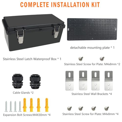 Electrical Junction Box, IP67 Waterproof Outdoor Box ABS Plastic Enclosure with Stainless Steel Latches & Brackets, Hinge Black Cover Project Box with Mounting Plate 10.6"x5.1"x4.3" - color: Black, size: 10.6"x5.1"x4.3"