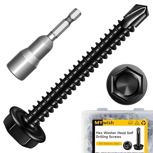 Mywish 100pcs #8 x 1-1/2" Self Drilling Screws for Metal, 410 Stainless Steel Hex Washer Head Self Drilling Screws, Black Oxided Self Tapping Sheet Metal Tek Screw Fast Tapping - size: #8x1-1/2"(100pcs)
