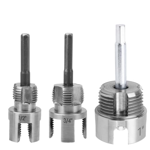 3 Pcs Pipe Threading Tool, Dual-Function Integrated Internal & External Thread Cutter PVC Threader Cutting Kit for 1/2" 3/4" & 1" PVC/Plastic Pipe Compatible with Electric Drills - style: Style 1