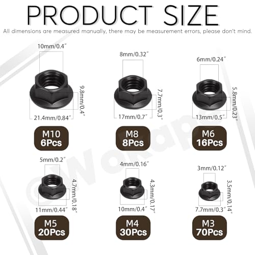 150Pcs 304 Stainless Steel Hex Flange Nuts Assortment Kit, M3 M4 M5 M6 M8 M10 6 Metric Sizes Hexagon Serrated Lock Nuts(Black)