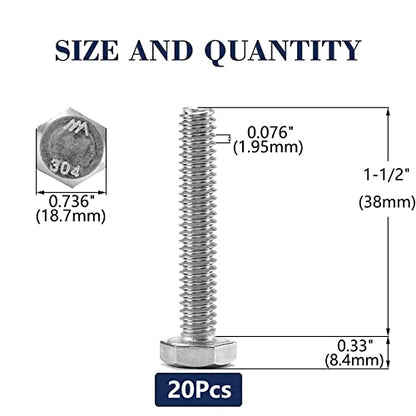 1/2-13 x 1-1/2" Hex Head Screw Bolt, 20Pcs 18-8 (304) Stainless Steel, Fully Threaded, Plain Finish, by SG TZH - size: 1/2-13 x 1-1/2"