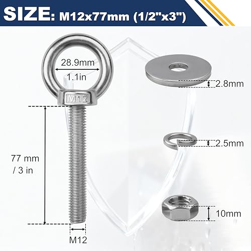 2 Pack M12 Stainless Steel Eye Bolts with Nuts, 1/2" x 3" Eye Bolts - size: M12x77mm (1/2"x3")