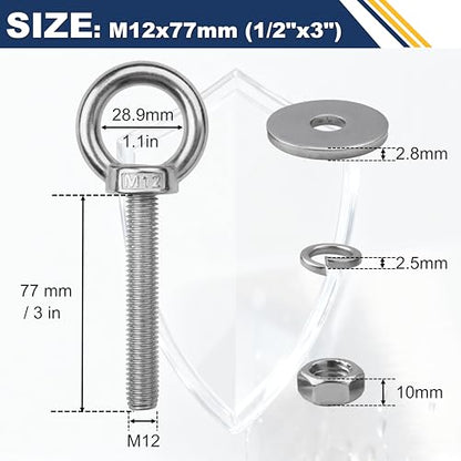 2 Pack M12 Stainless Steel Eye Bolts with Nuts, 1/2" x 3" Eye Bolts - size: M12x77mm (1/2"x3")