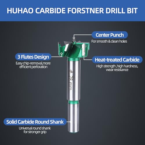HUHAO 1-3/32" | 28mm Triple Flute Forstner Drill Bit, Tungsten Carbide Upgraded Drilling Hole Saw Woodworking Hinge Cutter Tool Kits for Wood,Plywood,Plastic,MDF - size: 28 mm