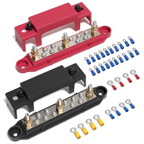 Mofeez Bus Bar 3 x 1/4” Post 10 x #8 Screw Terminal Power Distribution Block for Car Boat Marine (Red & Black) - size: 3 x 1/4"