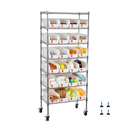 VEVOR 7-Tier Rolling Bin Storage Rack, 24 Small Bins, Bin Rack Storage Steel Wire Shelving System with Wheels, Mobile Tool Organizer for Garage, Warehouse, Office, Restaurant, Classroom, Kitchen