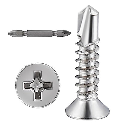Wensilon（400pcs）#8×3/4”for Sheet Metal Self-Tapping Screws 410 Stainless Steel Flat Head High-Strength Quick self-Drilling Screws - color: Silver, size: #8X3/4"