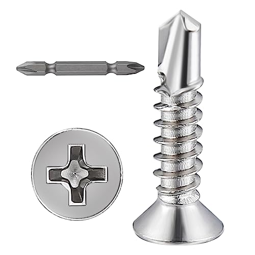 Wensilon（400pcs）#8×3/4”for Sheet Metal Self-Tapping Screws 410 Stainless Steel Flat Head High-Strength Quick self-Drilling Screws - color: Silver, size: #8X3/4"