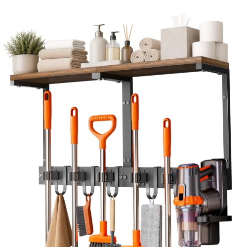 Large Broom Holder Wall Mount with Shelf, Vacuum Organizer, 5 Slots 5 Hooks - color: Black, size: Large