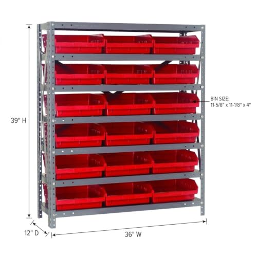 Quantum Storage Systems 1239-109RD Steel Shelving Unit with 4" Shelf Bins, 12" D x 36" W x 39" H, Red - size: 39" H x 36" W x 12" D, style: 12" L x 12" W x 4" H 18 Economy Red Bins