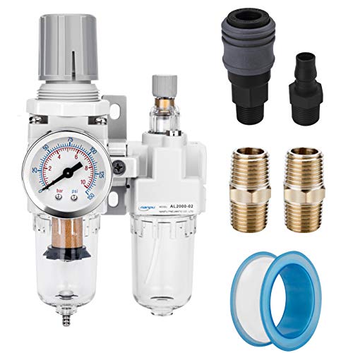 NANPU 1/4" NPT Compressed Air Filter Regulator Lubricator Combo Water/Oil Trap Separator - Gauge(0-150 psi), Poly Bowl, Semi-Auto Drain, Bracket - 3 in 1 Two Unit - size: 1/4" NPT, style: Semi-Auto Drain