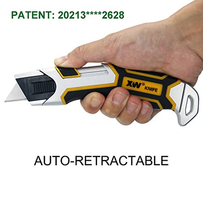 XW Auto-Retractable Safety Utility Knife, Box Cutter of Quick Blade Change, 4 Spare Blades Storage in Handle