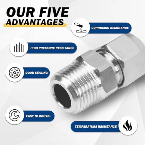 Yoebor Stainless Steel Compression Adapter 1/4" Tube OD x 3/8" NPT Male 2pc - size: 1/4" OD x 3/8" NPT Male