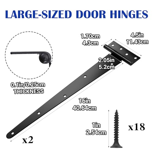 2 Pack 16-Inch Heavy Duty T-Strap Hinges, Black Wrought Iron Gate Hinges with Rust-Resistant Coating, Large 270° Rotation, Ideal for Shed Doors, Barn Doors, and Fence Gates