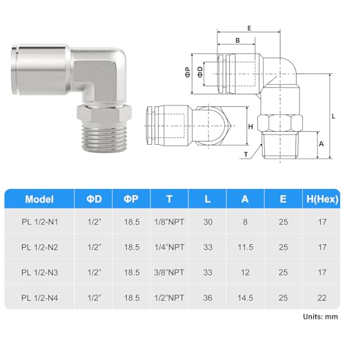 TAILONZ PNEUMATIC 304 Stainless Steel Male Elbow - 1/2 Inch Tube OD x 3/8 Inch NPT Thread 90 Push to Connect Tube Fitting PL-1/2-N3 (Pack of 5) - size: 1/2''OD 3/8''NPT