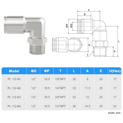 TAILONZ PNEUMATIC 304 Stainless Steel Male Elbow - 1/2 Inch Tube OD x 3/8 Inch NPT Thread 90 Push to Connect Tube Fitting PL-1/2-N3 (Pack of 5) - size: 1/2''OD 3/8''NPT